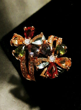彩色花朵锆石开口戒指五彩色水晶戒指女戒指大气指环中指十指饰品