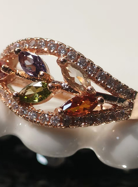 首饰彩色锆石戒指欧美风格镀金女个性镶钻树叶开口圈可调节大小