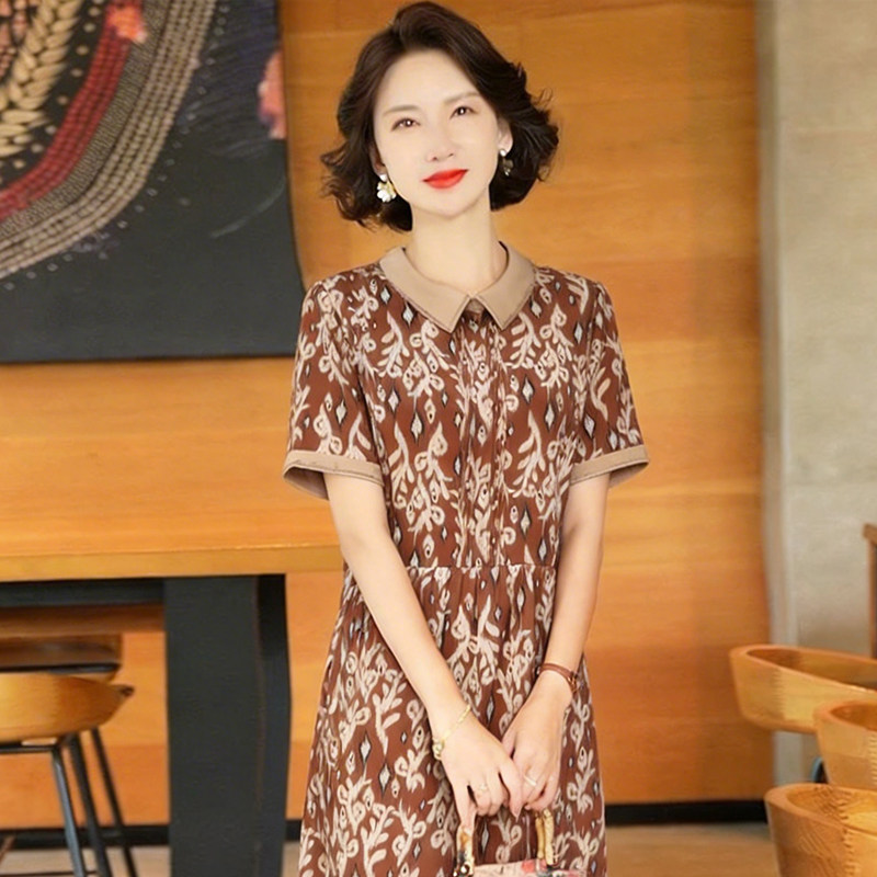 真丝印花撞色连衣裙夏季妈妈装