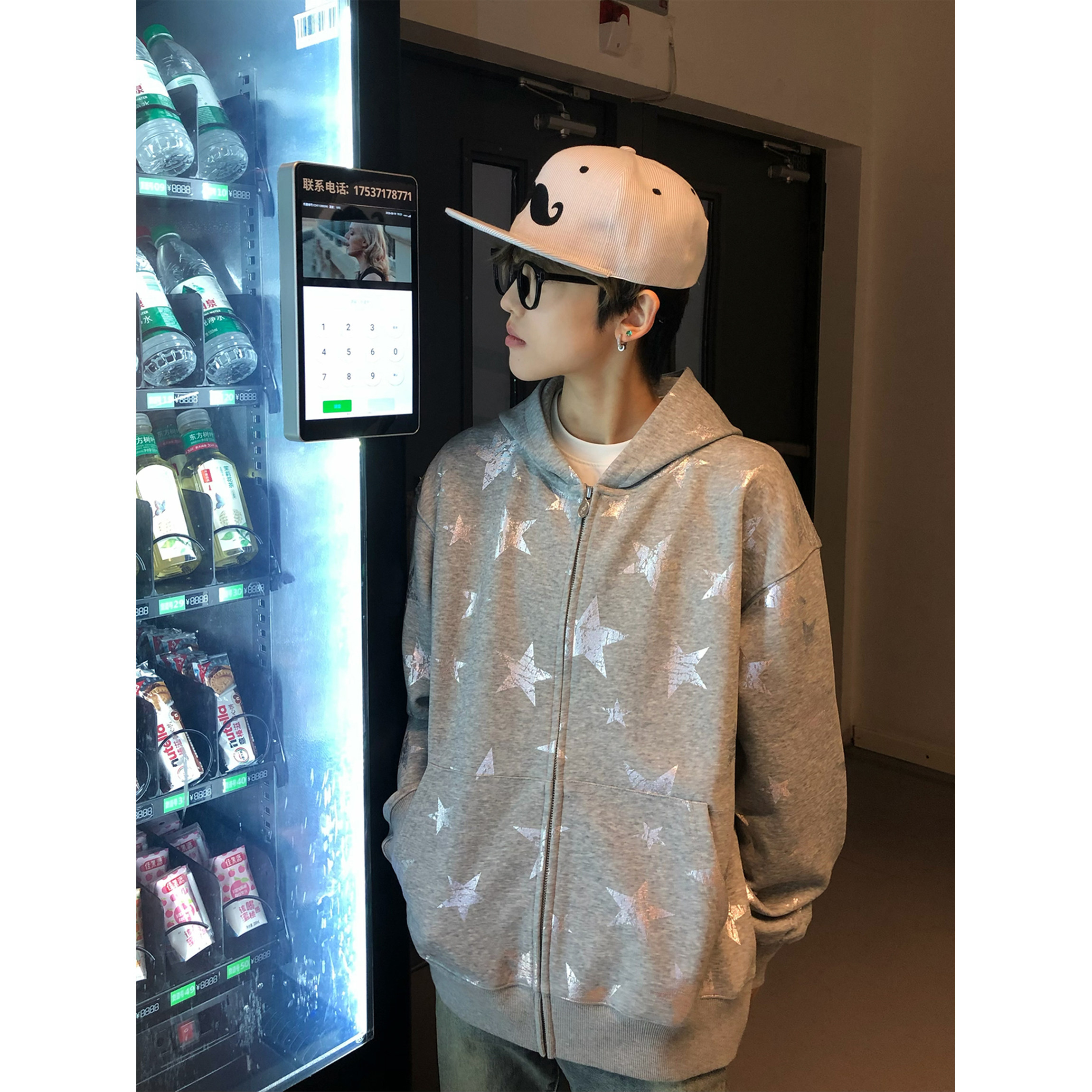 美式高街星星满印开衫卫衣男图片