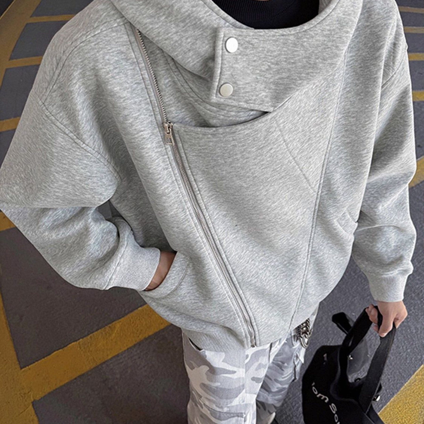 国潮牌灰色双拉链重磅连帽卫衣