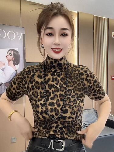 欧货25豹纹短袖上衣女夏季新款时尚气质显瘦百搭高领洋气打底衫9