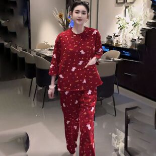 2026新年新款胖妹妹红色满印马上招财马秋冬睡衣两件套家居服童