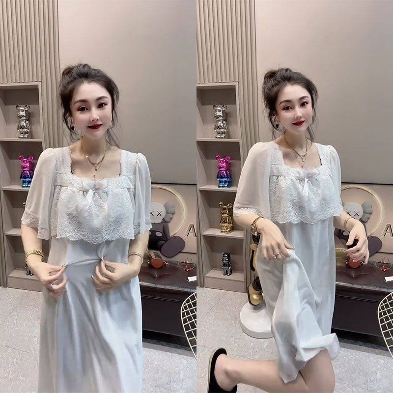 夏季新款宫廷风睡裙法式蕾丝气质甜美睡衣大码雪纺家居服连衣裙同