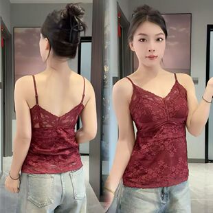 冬季带胸垫保暖背心女性感蕾丝美背加绒加厚内衣打底吊带上衣潮果