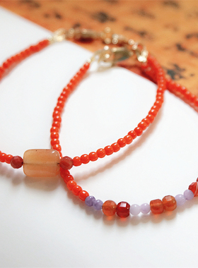 柿子红醉晚秋 2mm橘红琉璃珠手链南红玛瑙紫水晶石榴石极细手链