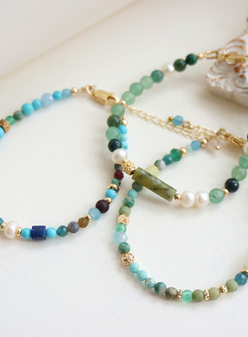 【碧水云涧】天然水晶多宝珠细手链蓝绿色夏天系多巴胺小众原创