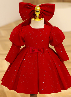 女宝宝周岁礼服洋气女童生日晚礼服长袖红色小花童公主裙冬拜年