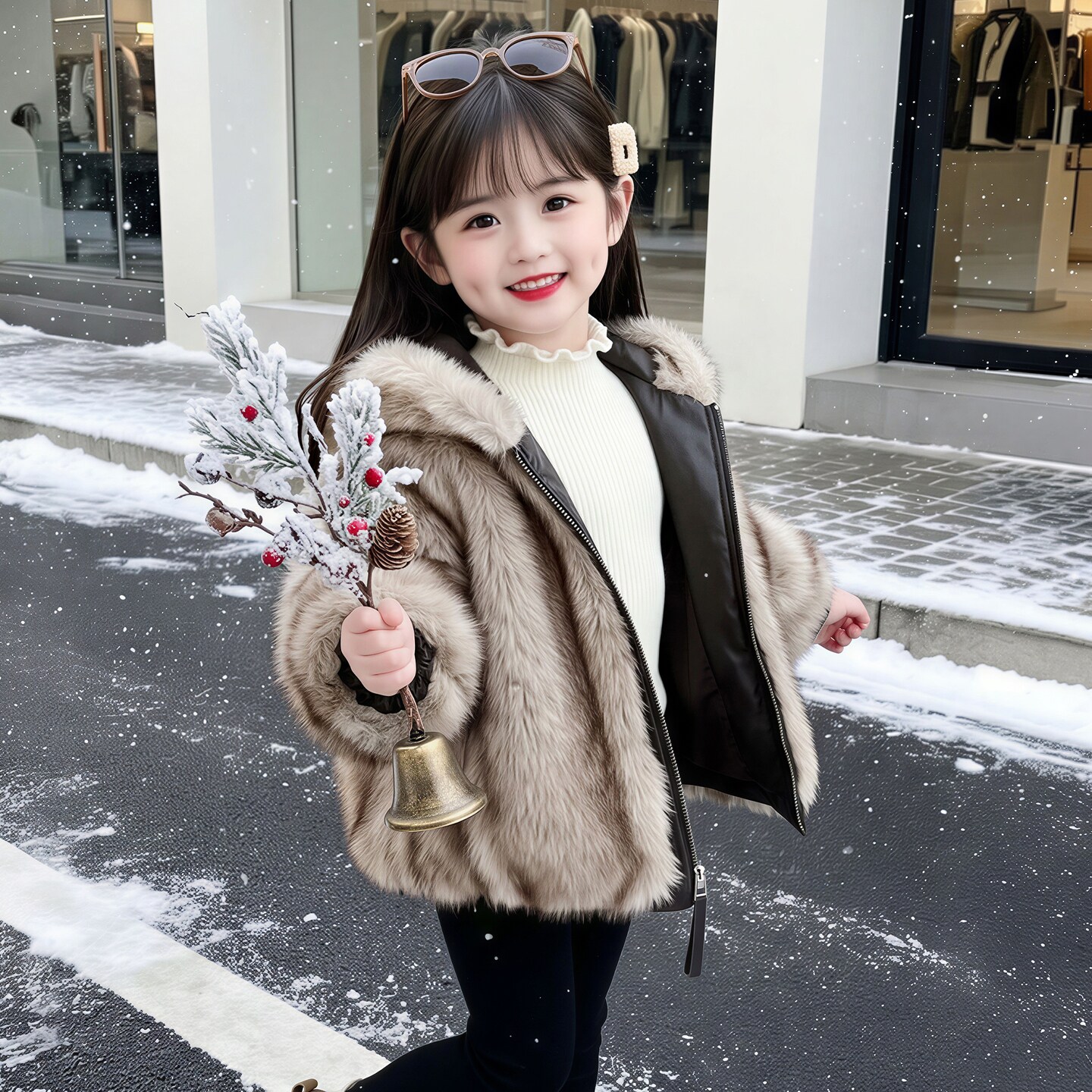 女童大毛领皮衣外套冬装加厚保暖连帽拉链上衣中大童两面穿童装
