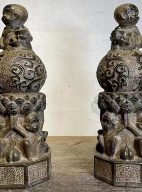 青石曲阳石雕吉祥如意元宝猴子一对仿古做旧新品居家摆设大小定制