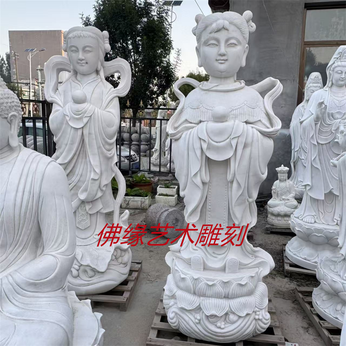 汉白玉石雕善财童子 龙女 寺庙佛像户外家居供奉金童玉女摆件定制