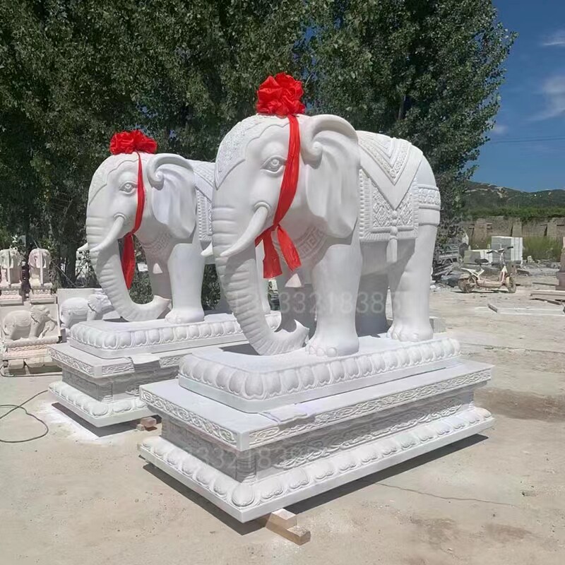 动物石雕汉白玉大象一对石头象狮子麒麟别墅庭院门口装饰摆件定制