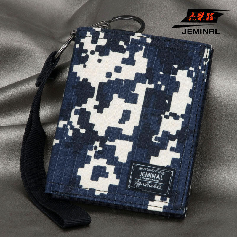 男韩版亚麻短款手拎薄钱包男孩学生休闲迷彩运动帆布钥匙环布钱夹