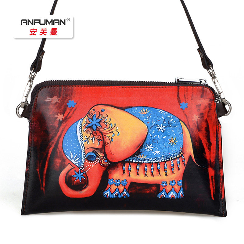女民族手绘软皮单肩包潮流时尚斜挎包贝壳包手拎拉链彩印学生小包
