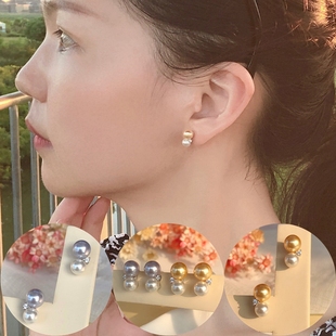 双珠小耳钉 气质耳环 双色大小珠耳饰 施家正圆珍珠金色 纯银S925