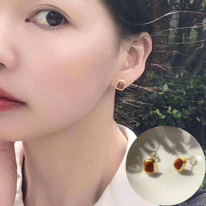 复古几何方形纯银南红玛瑙耳钉无耳洞耳夹红宝石耳环饰高级感简约