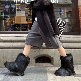 网红街头毛毛靴子女冬保暖加绒防滑个性 中筒雪地靴 长毛ins潮时尚