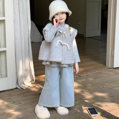 儿童秋冬皮毛一体马甲加绒牛仔裤