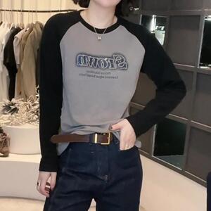 烫钻晕染工艺落肩袖撞色双面德绒长袖T恤女秋冬加绒慕斯绒打底衫