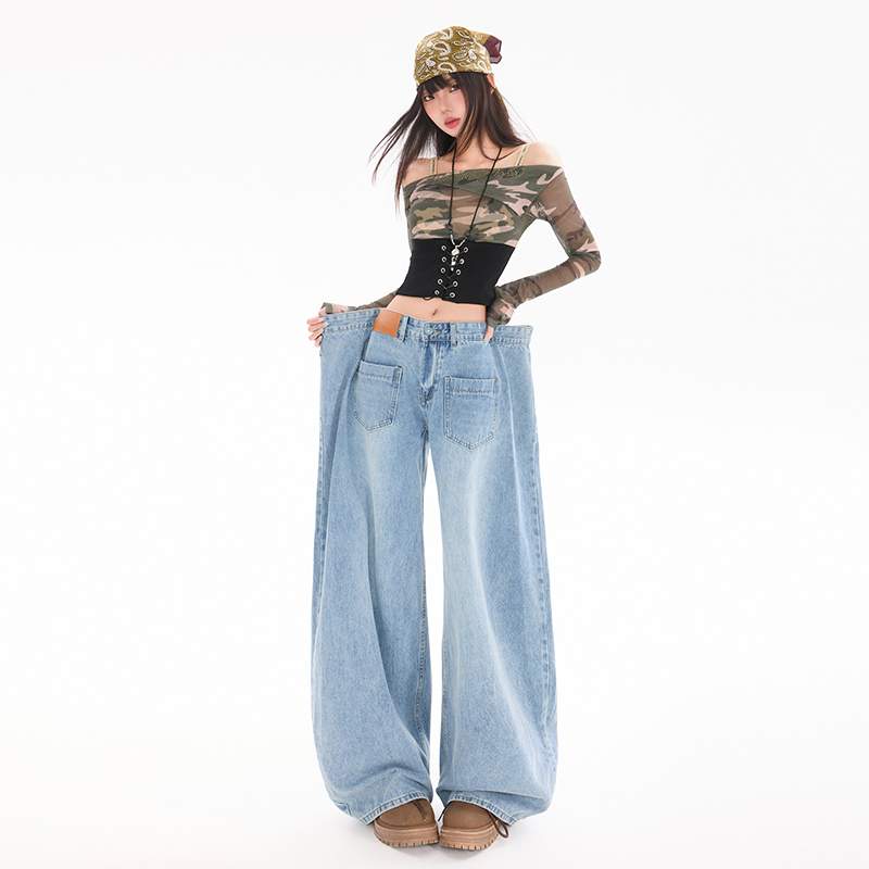 YD@美式水洗蓝做旧阔腿牛仔裤秋季新款复古慵懒风显瘦宽松裤子