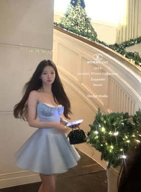 Mummy Cat下蛋喵 升级版加色 重磅缎褶皱生日蓝色礼服吊带连衣裙