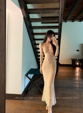 Mummy Cat下蛋喵 新品【加州美梦】100人丝飘逸v领交叉绑带长裙