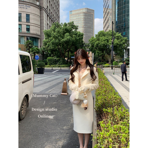 双排扣翻领毛呢西装外套半裙套装