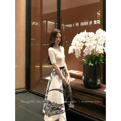 赫本风优雅水墨印花大摆半身裙