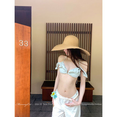 刺绣波点海边温泉分体比基尼泳衣