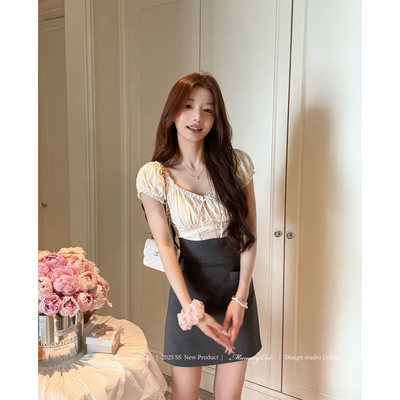 中古感蕾丝抽褶女泡泡袖短袖上衣