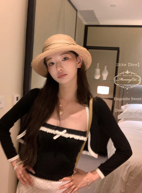 Mummy Cat 下蛋喵【黑白小调】25新品绵羊毛花边针织抹胸开衫套装