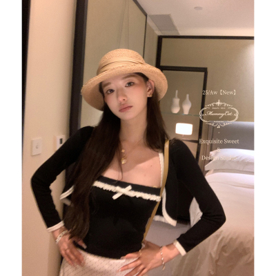 Mummy Cat 下蛋喵【黑白小调】25新品绵羊毛花边针织抹胸开衫套装