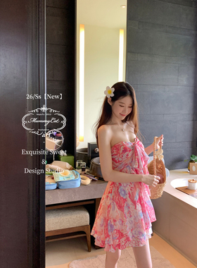 Mummy Cat下蛋喵【狮城热恋】26新品人丝印花海岛度假抹胸连衣裙