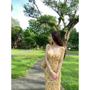 加州阳光 下蛋喵 人丝双绉v领碎花度假鱼尾连衣裙 Cat Mummy