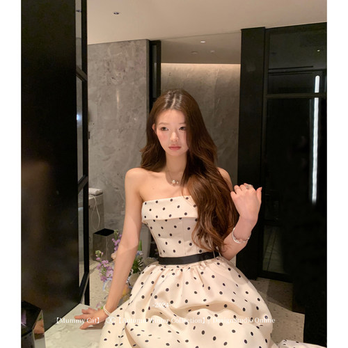 复古波点优雅千金抹胸礼服连衣裙