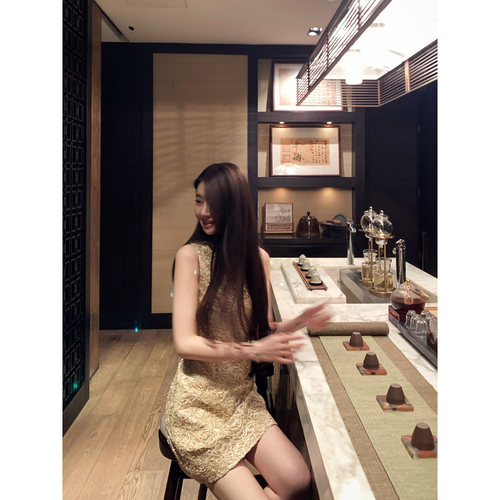 金丝立体绣花无袖日礼服连衣裙