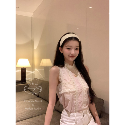 100棉甜美蕾丝边打褶无袖衬衫