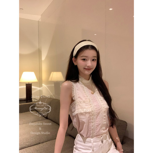 100棉甜美蕾丝边打褶无袖衬衫