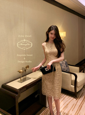 MummyCat下蛋喵【瑰丽茗芳】新品金丝立体绣花中长款礼服连衣裙