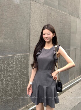 Mummy Cat 下蛋喵【黎曼猜想】新品精仿羊毛灰色荷叶飞袖连衣裙