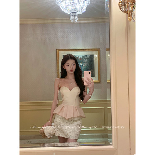 古早抹胸鱼骨蕾丝拼接包臀连衣裙