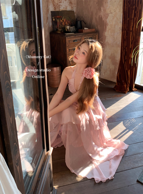 Mummy Cat下蛋喵 【樱花雨】氛围感仙气不规则飘逸海边度假套装裙