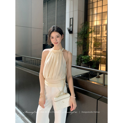 抽褶绑带气质削肩挂脖上衣