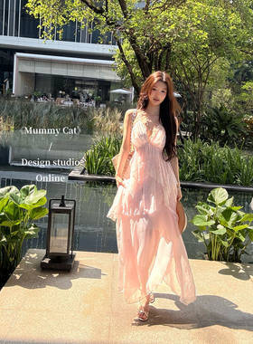 Mummy Cat 下蛋喵【日落樱花】浪漫飘逸海边度假蕾丝花瓣套装裙