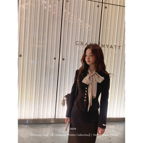 秋冬复古学院风毛呢外套半裙套装