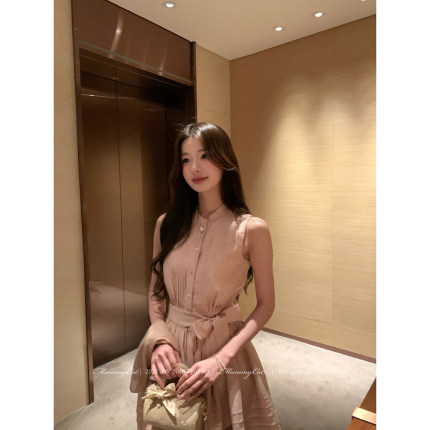 Mummy Cat 下蛋喵【一见倾心】新品甜美压褶打条系带无袖连衣裙