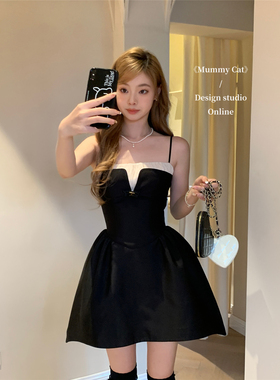 Mummy Cat下蛋喵 天使恶魔 黑色高级拼接圣诞生日吊带礼服连衣裙