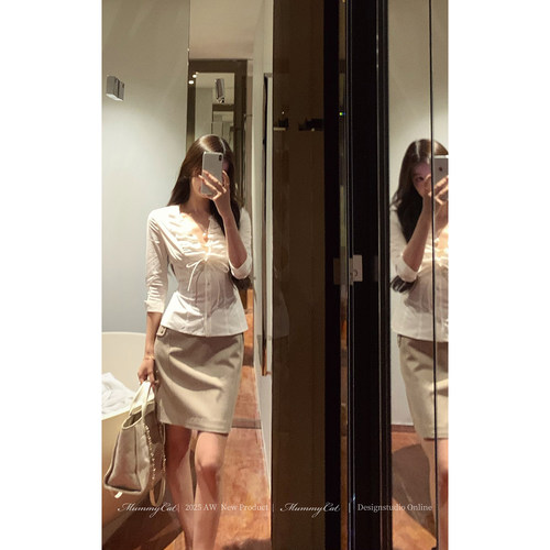 法式绑带收腰抽绳褶皱设计衬衫