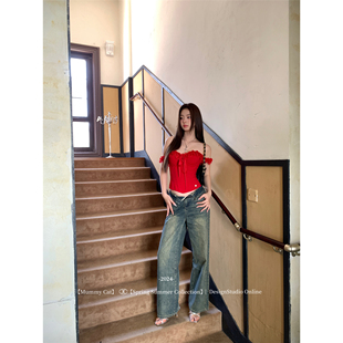 长裤 Mummy 复古做旧宽松阔腿直筒牛仔裤 衰敗城市 Cat下蛋喵