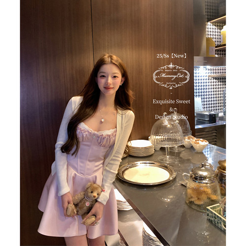 磅缎蕾丝粉色生日礼服吊带连衣裙